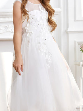 Color=White | Fancy Sleeveless Applique Short Tulle Flower Girl Dress-White 5