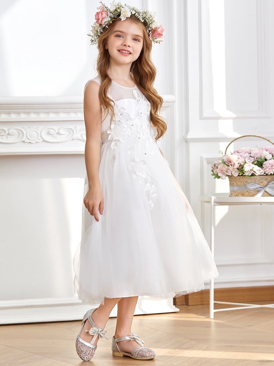 Color=White | Fancy Sleeveless Applique Short Tulle Flower Girl Dress-White 1