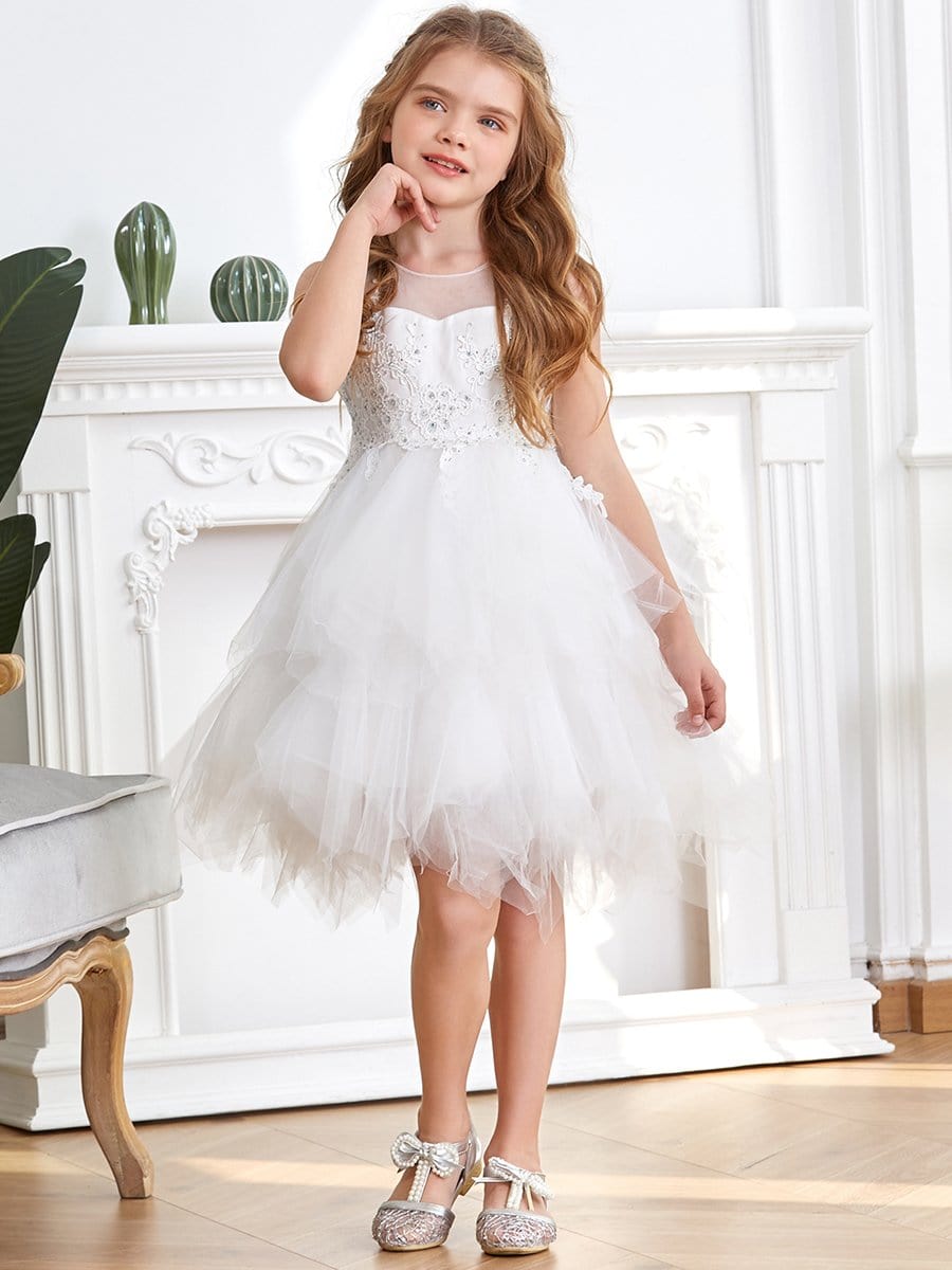 Color=White | Cute Sweetheart Neck Applique Tulle Flower Girl Dress-White 3