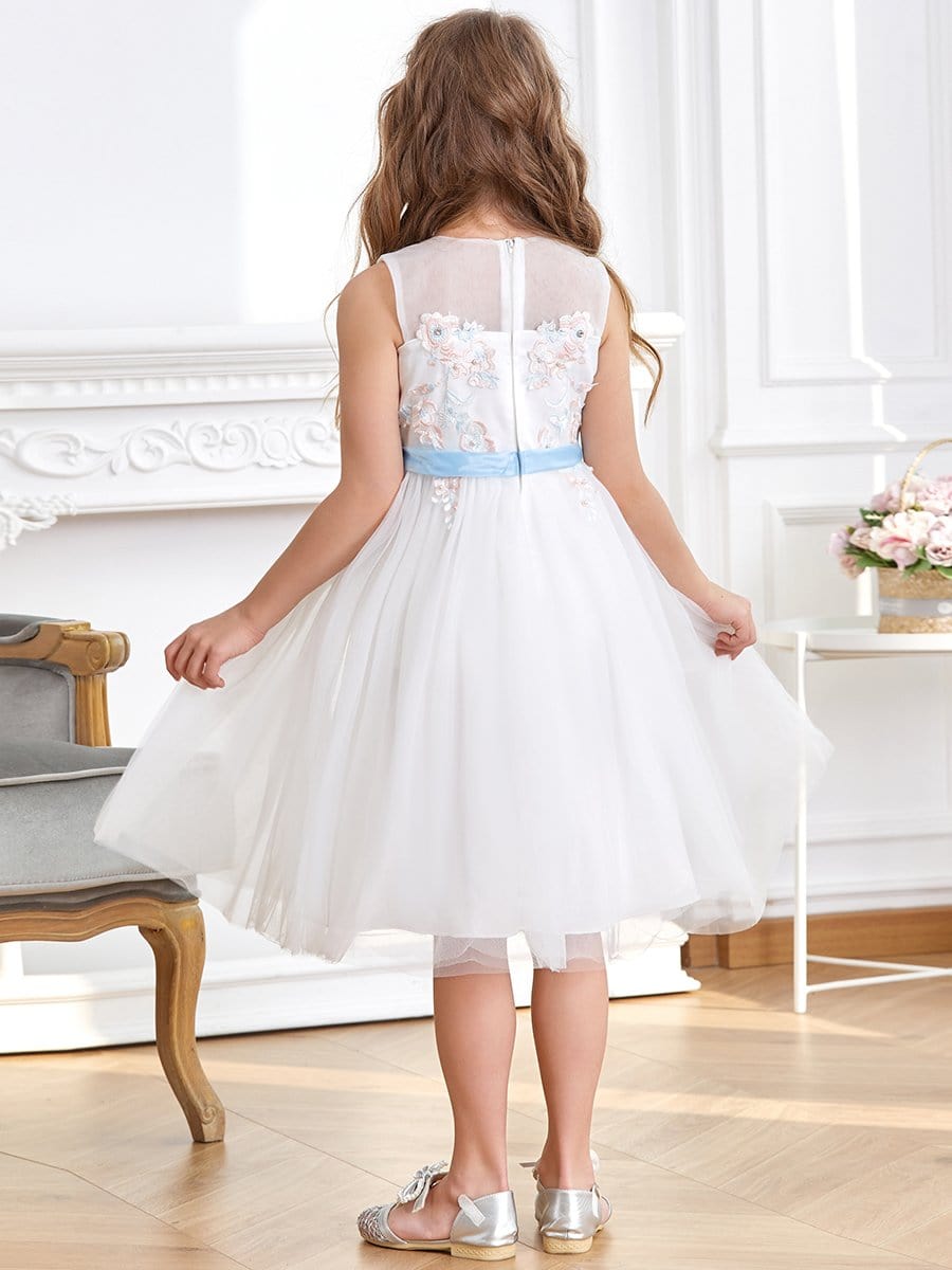Color=White | Fancy Knee-length Sheer Neck Flower Girl Dress with Bow-White 2