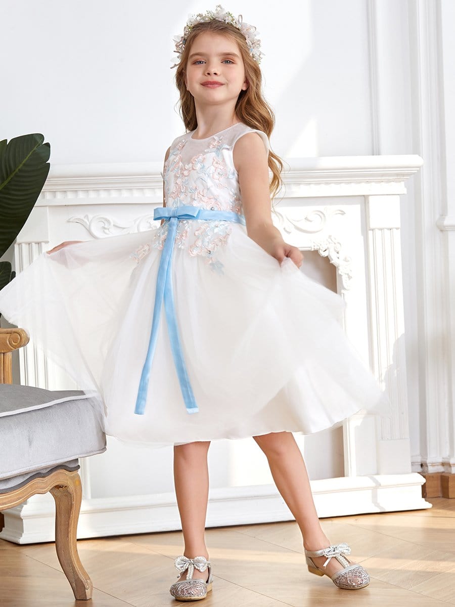 Color=White | Fancy Knee-length Sheer Neck Flower Girl Dress with Bow-White 3