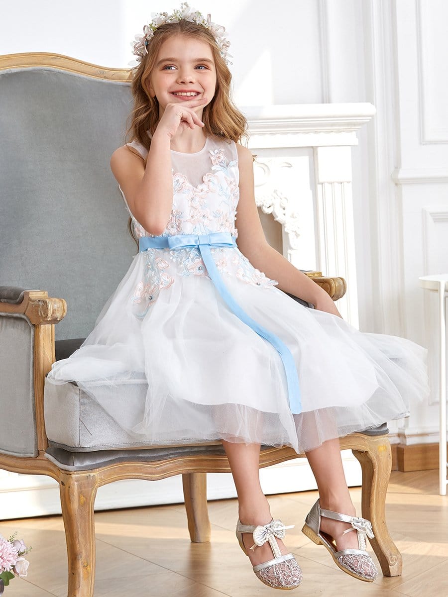 Color=White | Fancy Knee-length Sheer Neck Flower Girl Dress with Bow-White 4