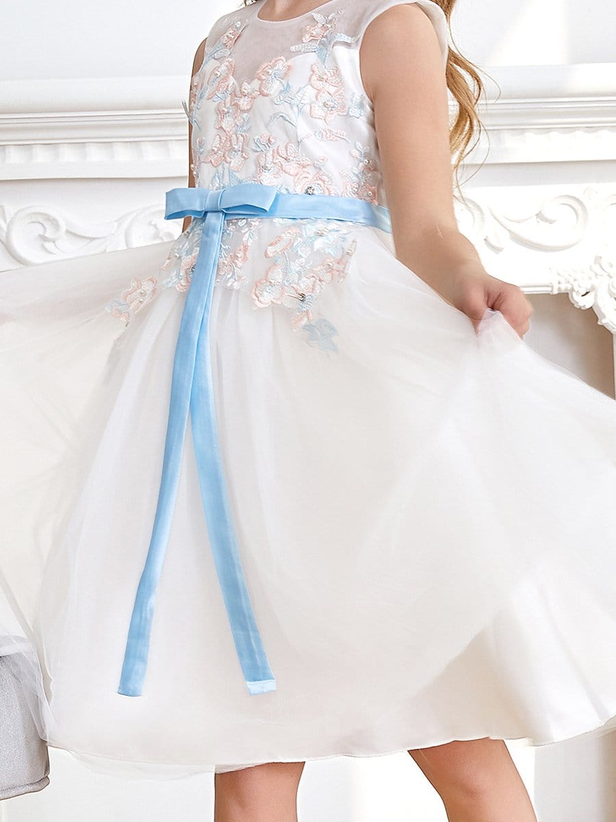 Color=White | Fancy Knee-length Sheer Neck Flower Girl Dress with Bow-White 5