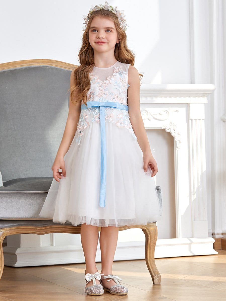 Color=White | Fancy Knee-length Sheer Neck Flower Girl Dress with Bow-White 1