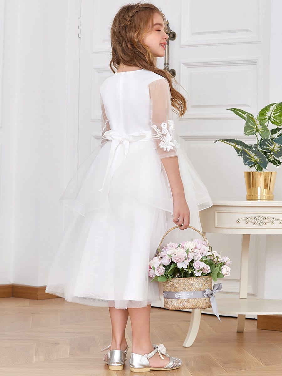Color=White | Dainty Knee Length Layered Flower Girl Dress with Long Sleeves-White 2