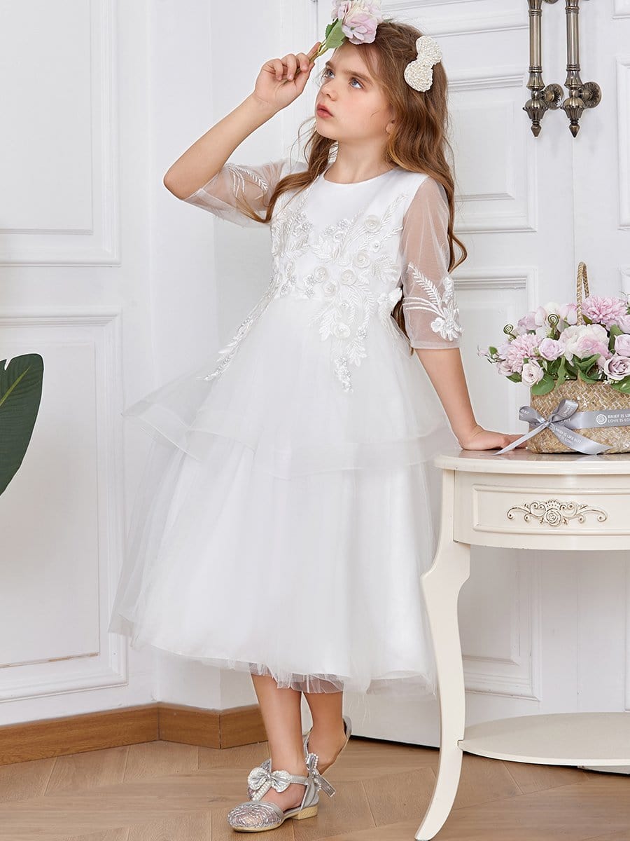 Color=White | Dainty Knee Length Layered Flower Girl Dress with Long Sleeves-White 3