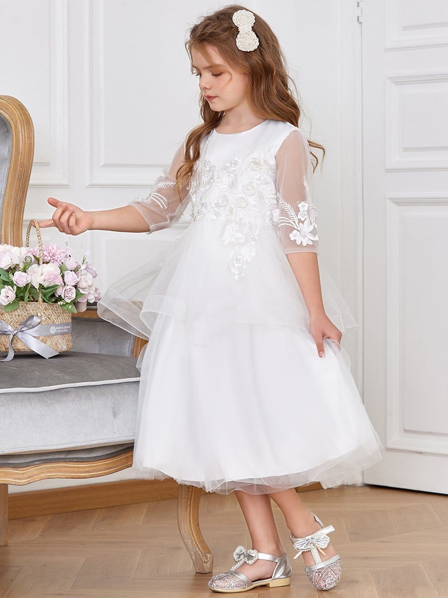 Color=White | Dainty Knee Length Layered Flower Girl Dress with Long Sleeves-White 4