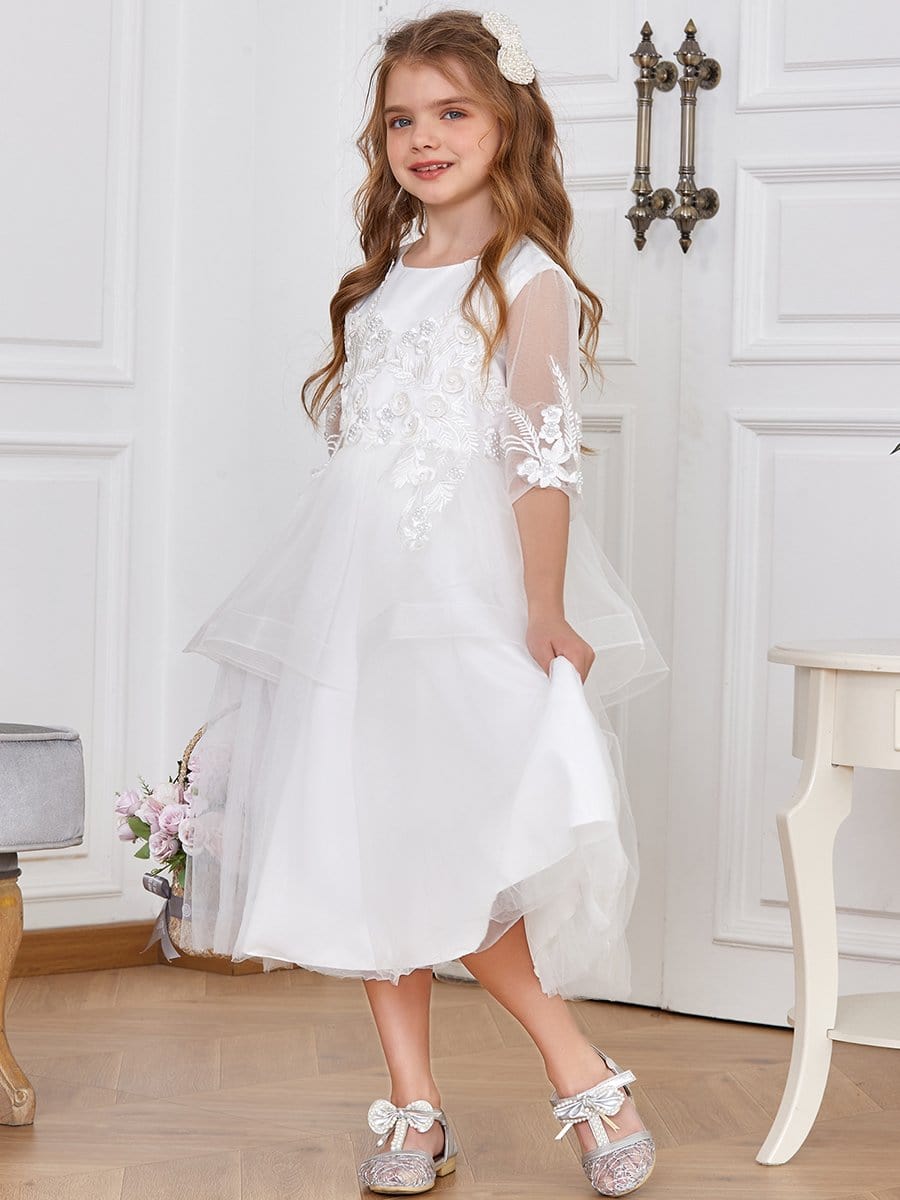 Color=White | Dainty Knee Length Layered Flower Girl Dress with Long Sleeves-White 1