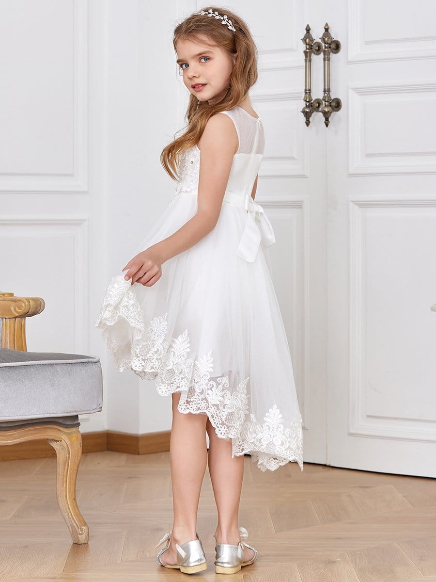 Color=White | Cute Sleeveless High Low O Neck Flower Girl Dress-White 2