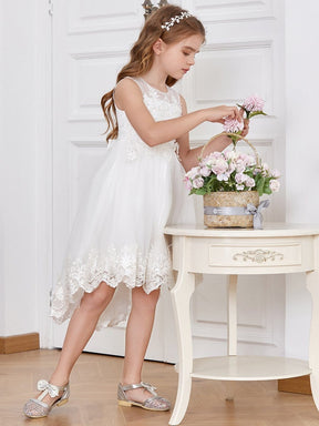 Color=White | Cute Sleeveless High Low O Neck Flower Girl Dress-White 3