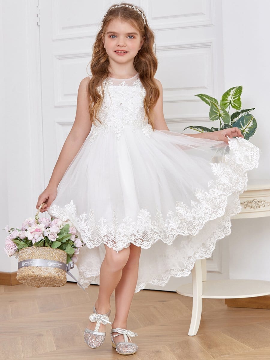 Color=White | Cute Sleeveless High Low O Neck Flower Girl Dress-White 4
