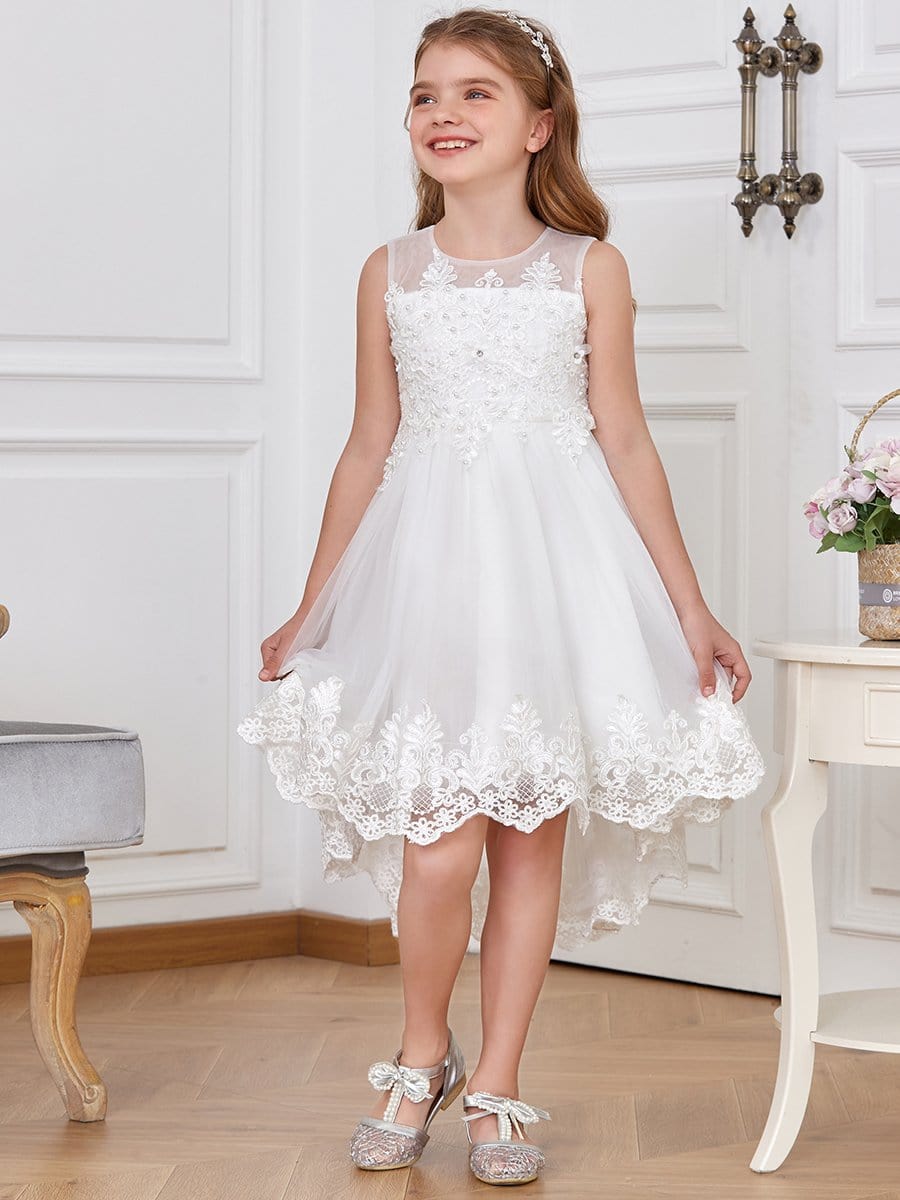 Color=White | Cute Sleeveless High Low O Neck Flower Girl Dress-White 1