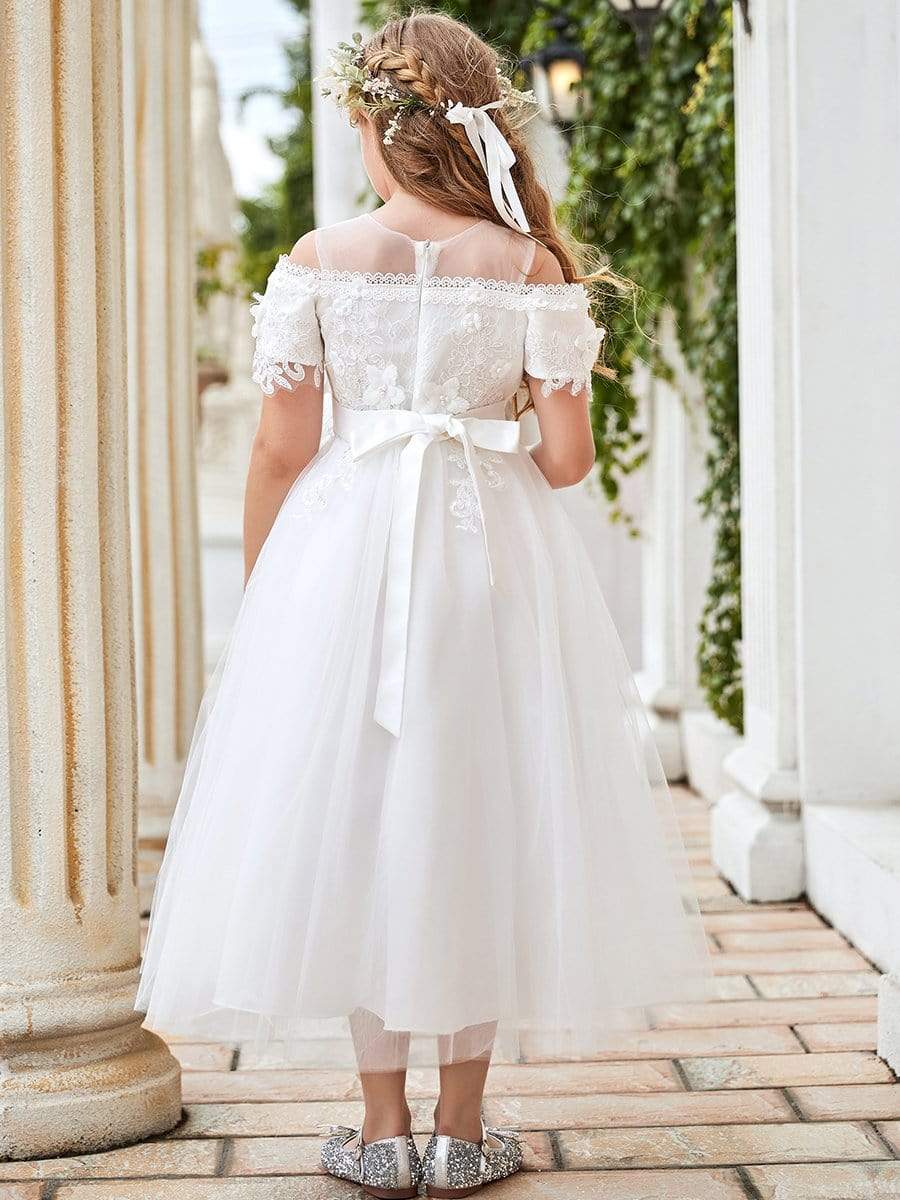 Color=White | Cute Short Sleeves Open Shoulder Embroidered Paillette Midi Tulle Flower Girl Dress-White 2
