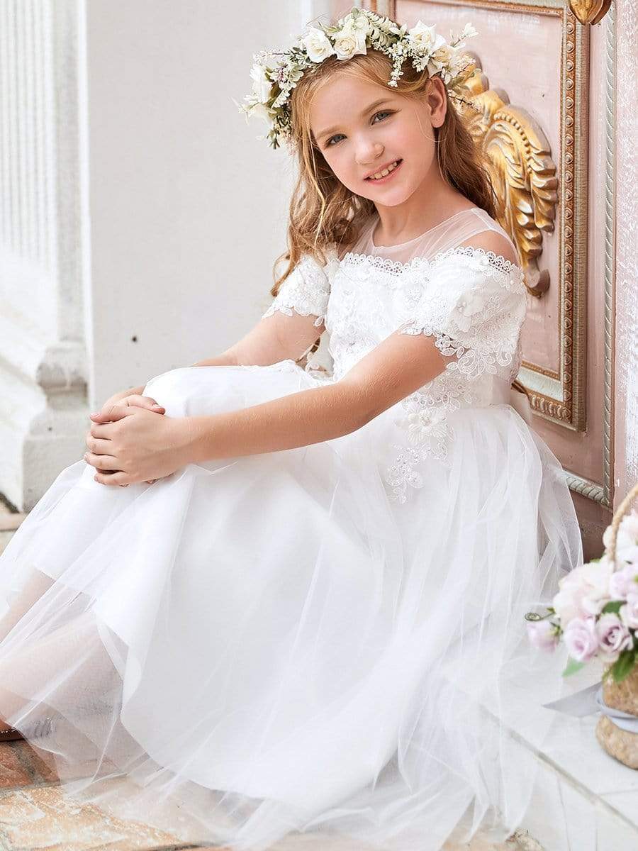 Color=White | Cute Short Sleeves Open Shoulder Embroidered Paillette Midi Tulle Flower Girl Dress-White 4