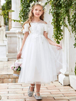Color=White | Cute Short Sleeves Open Shoulder Embroidered Paillette Midi Tulle Flower Girl Dress-White 5