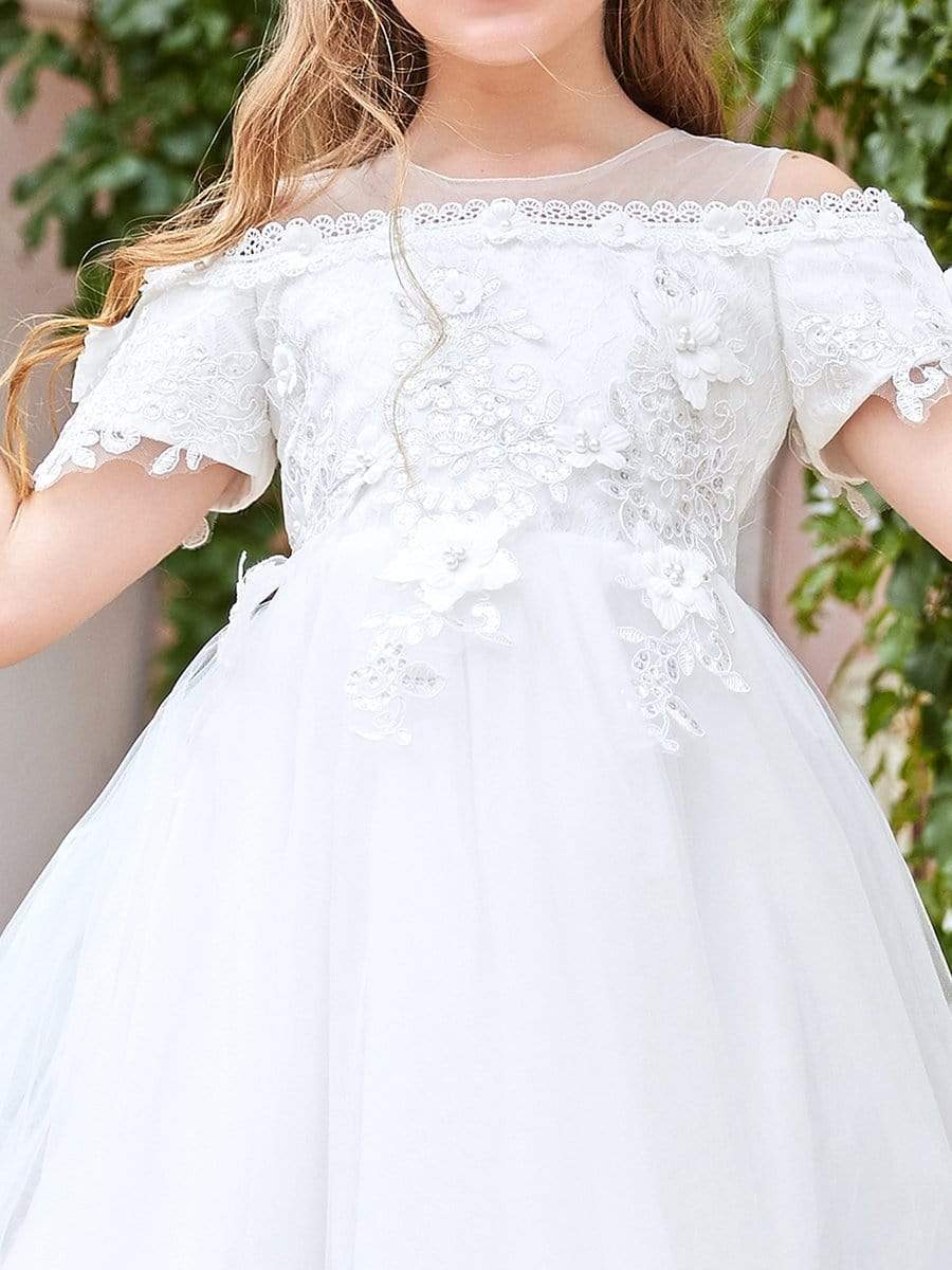 Color=White | Cute Short Sleeves Open Shoulder Embroidered Paillette Midi Tulle Flower Girl Dress-White 3