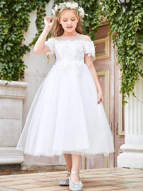 Color=White | Cute Short Sleeves Open Shoulder Embroidered Paillette Midi Tulle Flower Girl Dress-White 1