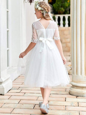 Color=White | Round Neck Applique Embroidered Midi Tulle Elbow Length Flower Girl Dress-White 2