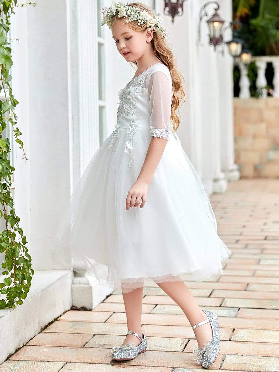 Color=White | Round Neck Applique Embroidered Midi Tulle Elbow Length Flower Girl Dress-White 5