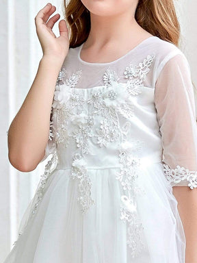 Color=White | Round Neck Applique Embroidered Midi Tulle Elbow Length Flower Girl Dress-White 4