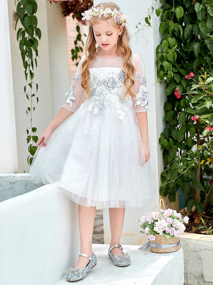 Color=White | Fabulous Paillette Round Neck 3/4 Sleeves Midi Tulle Flower Girl Dress-White 3
