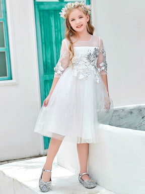 Color=White | Fabulous Paillette Round Neck 3/4 Sleeves Midi Tulle Flower Girl Dress-White 5