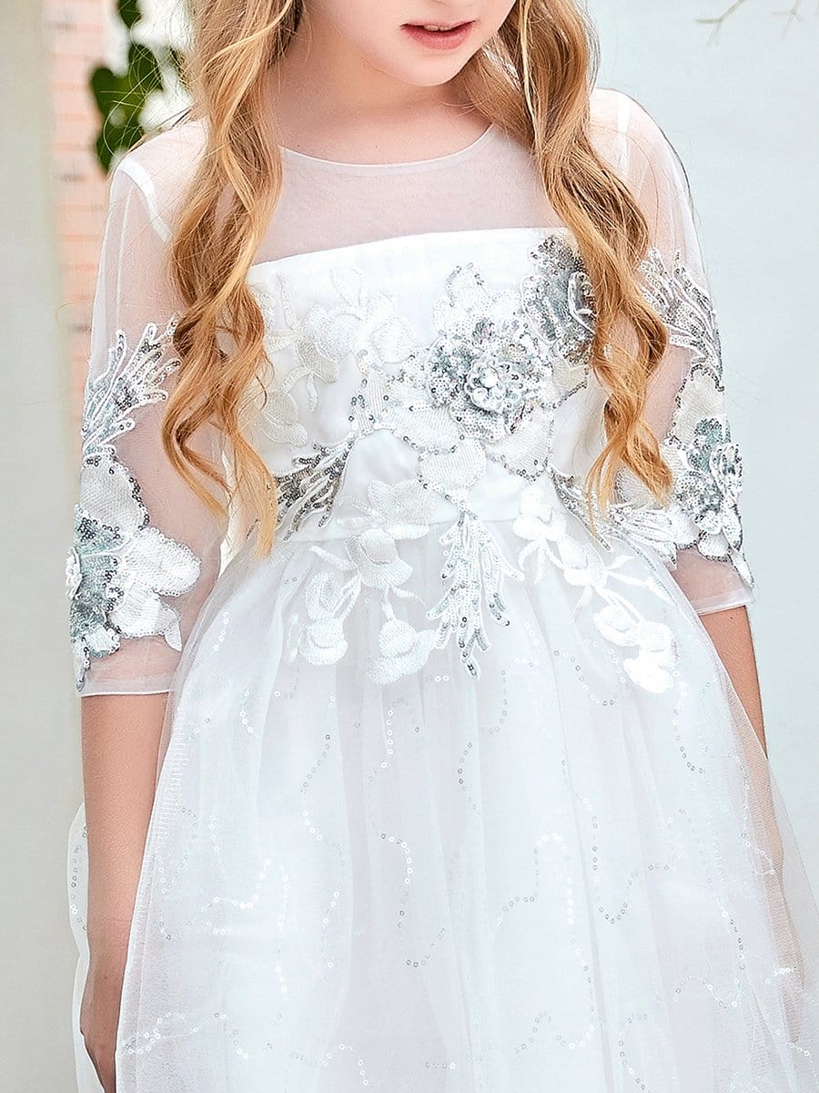 Color=White | Fabulous Paillette Round Neck 3/4 Sleeves Midi Tulle Flower Girl Dress-White 4