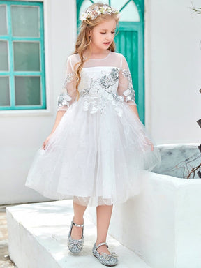 Color=White | Fabulous Paillette Round Neck 3/4 Sleeves Midi Tulle Flower Girl Dress-White 1