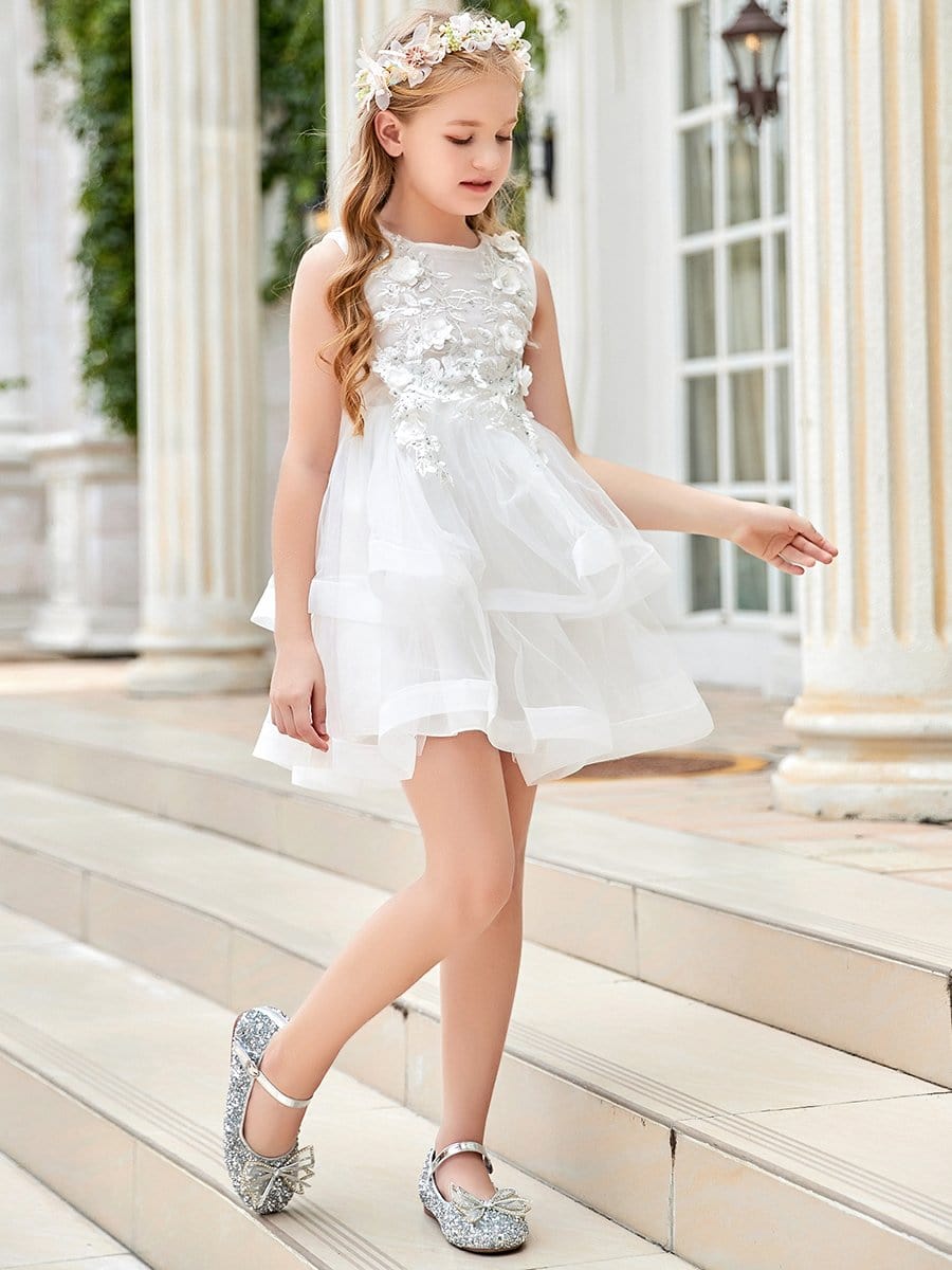 Color=White | Exquisite Floral Patches Round Neckmidrib Layered Short Flower Girl Dress-White 5