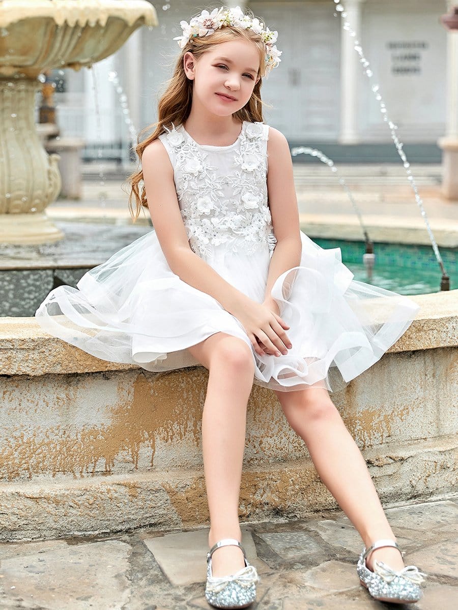 Color=White | Exquisite Floral Patches Round Neckmidrib Layered Short Flower Girl Dress-White 3