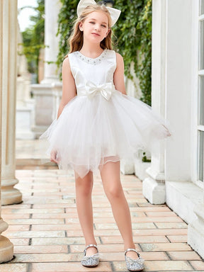 Color=White | Stylish Round Neck Sleeveless Sequin Midrib Asymmetric Hem Short Flower Girl Dress-White 3