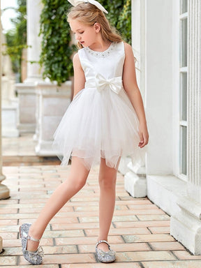 Color=White | Stylish Round Neck Sleeveless Sequin Midrib Asymmetric Hem Short Flower Girl Dress-White 5