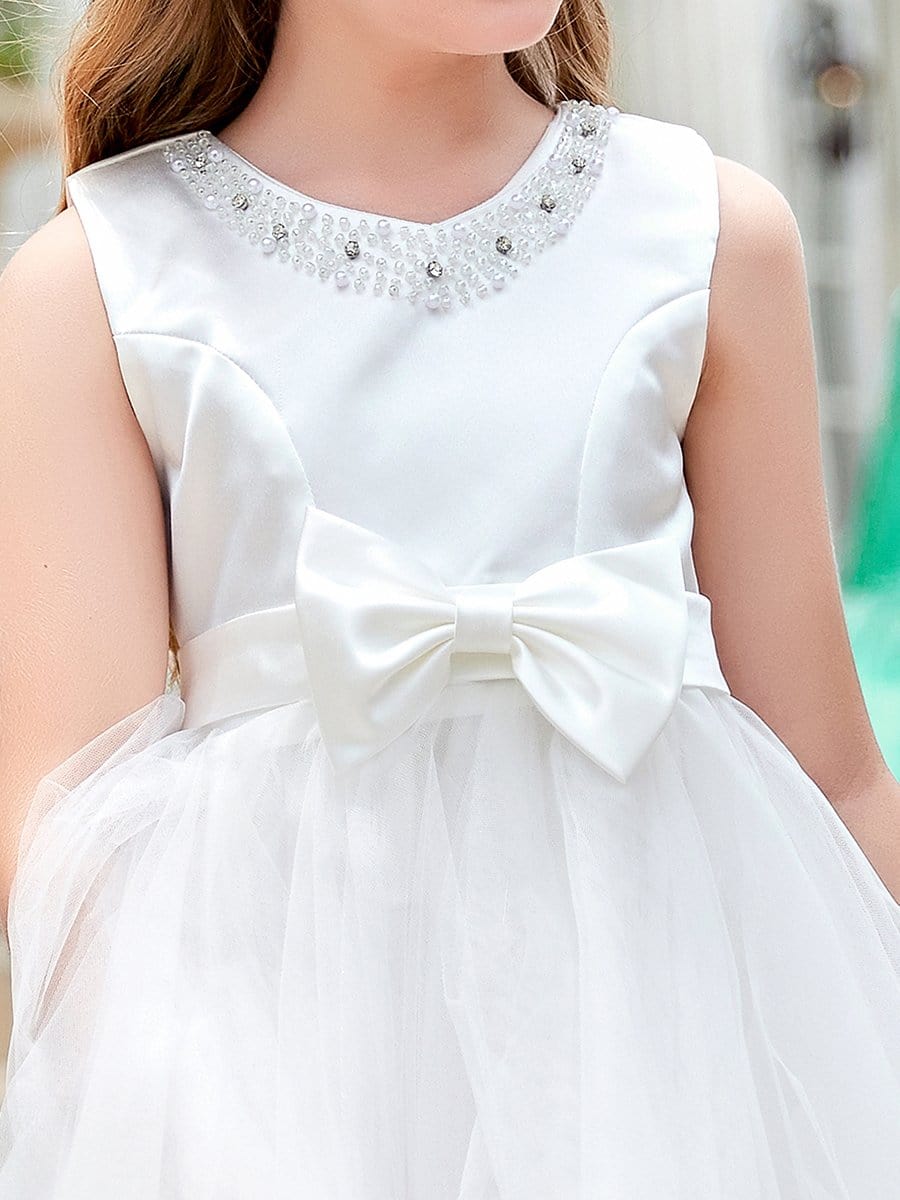 Color=White | Stylish Round Neck Sleeveless Sequin Midrib Asymmetric Hem Short Flower Girl Dress-White 4