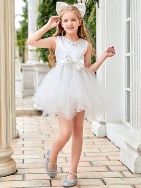 Color=White | Stylish Round Neck Sleeveless Sequin Midrib Asymmetric Hem Short Flower Girl Dress-White 1