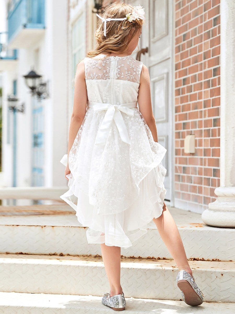 Color=White | Exquisite Embroidered Round Neck Long Back Short Front Flower Girl Dress-White 2