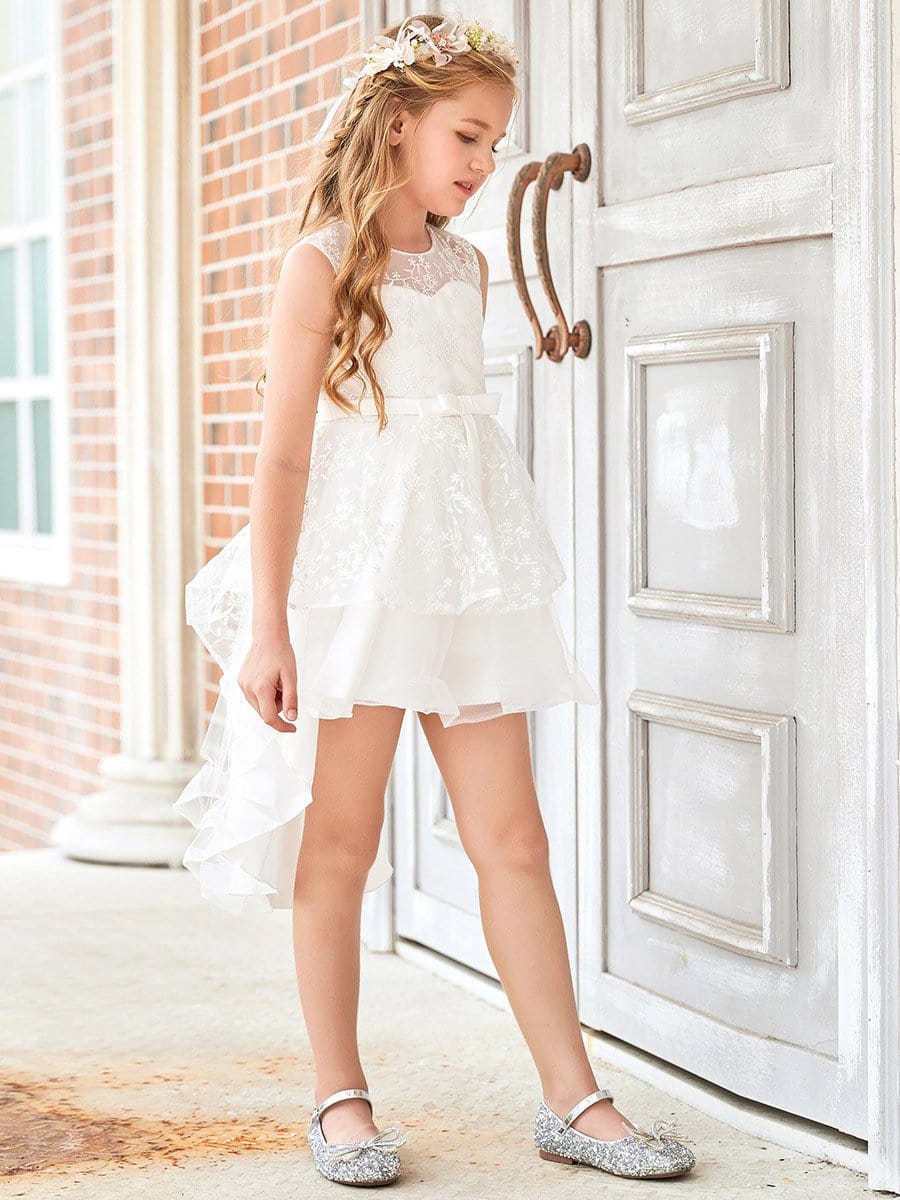 Color=White | Exquisite Embroidered Round Neck Long Back Short Front Flower Girl Dress-White 5