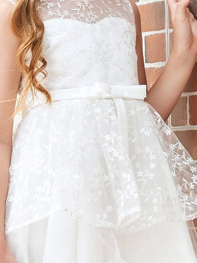 Color=White | Exquisite Embroidered Round Neck Long Back Short Front Flower Girl Dress-White 4