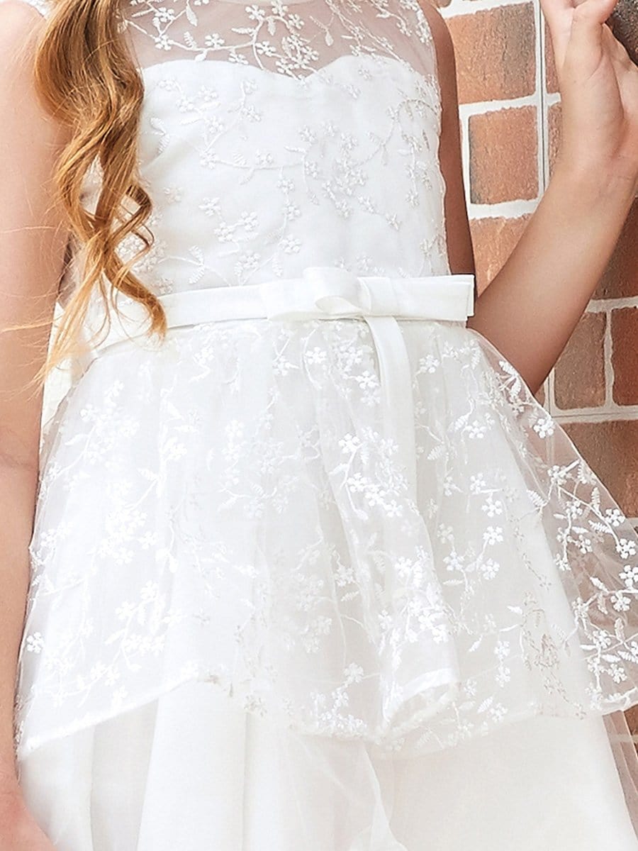 Color=White | Exquisite Embroidered Round Neck Long Back Short Front Flower Girl Dress-White 4