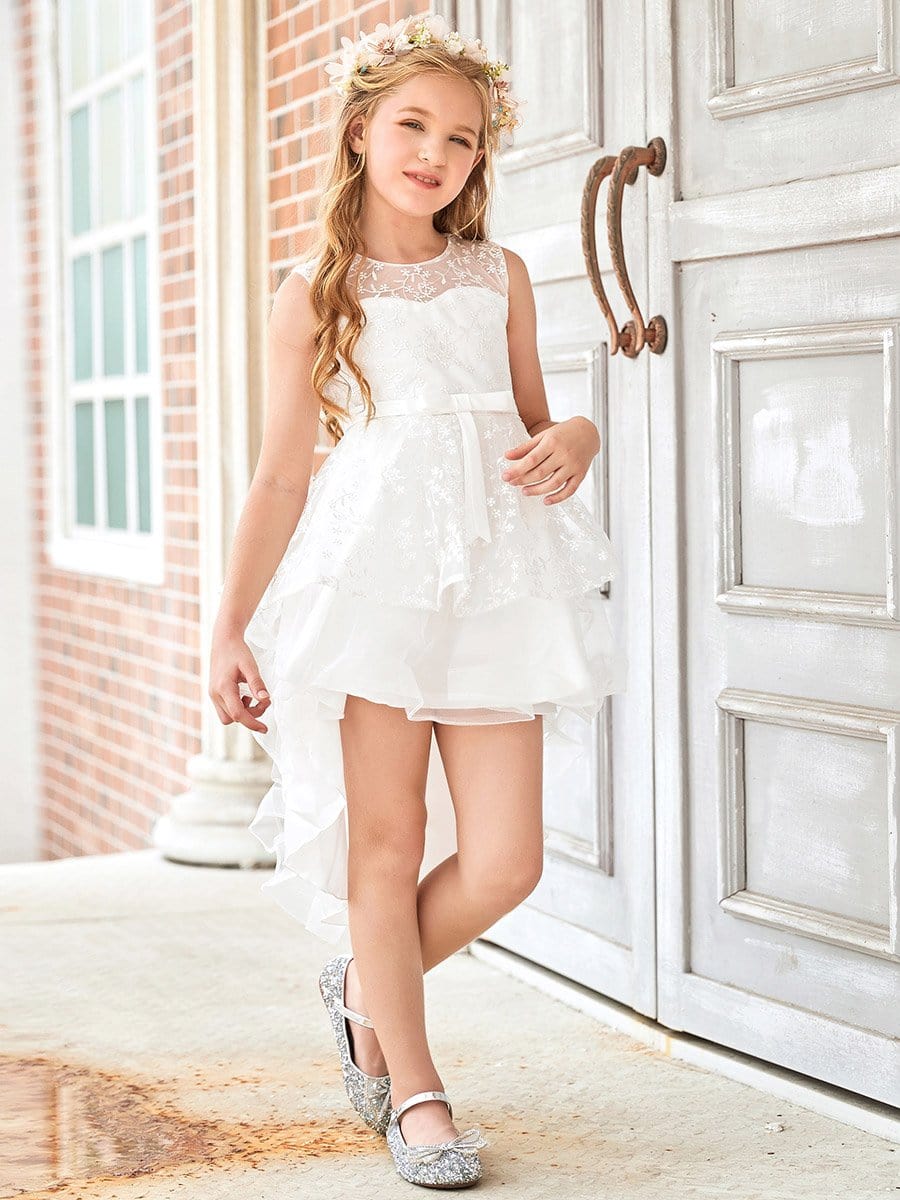 Color=White | Exquisite Embroidered Round Neck Long Back Short Front Flower Girl Dress-White 1