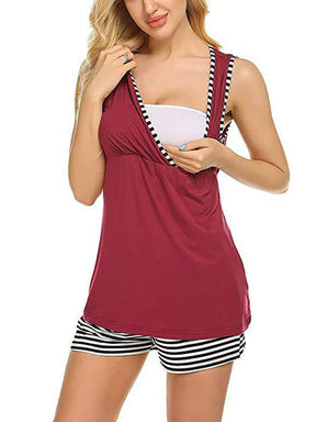 Color=Burgundy | Women Maternity Pajamas Suit Summer Nursing Clothes Breastfeeding Sleepwear Sets-Burgundy 2