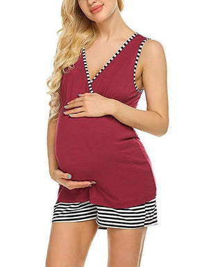 Color=Burgundy | Women Maternity Pajamas Suit Summer Nursing Clothes Breastfeeding Sleepwear Sets-Burgundy 3