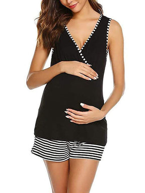 Color=Black | Women Maternity Pajamas Suit Summer Nursing Clothes Breastfeeding Sleepwear Sets-Black 1