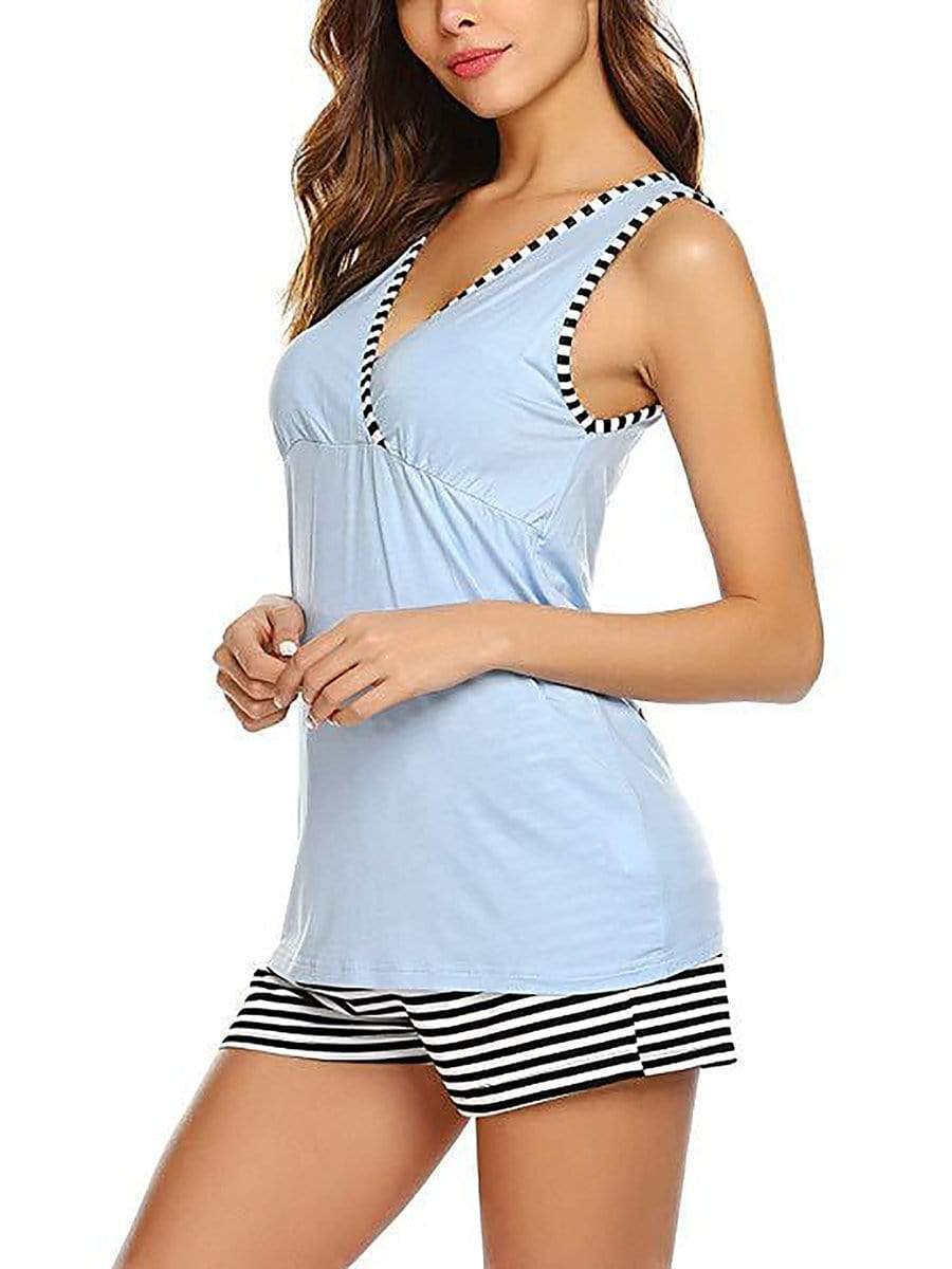 Color=Sky Blue | Women Maternity Pajamas Suit Summer Nursing Clothes Breastfeeding Sleepwear Sets-Sky Blue 3