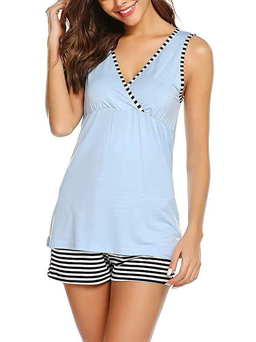 Color=Sky Blue | Women Maternity Pajamas Suit Summer Nursing Clothes Breastfeeding Sleepwear Sets-Sky Blue 1