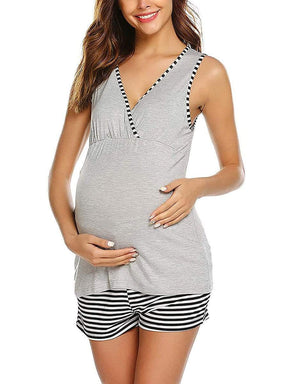 Color=Grey | Women Maternity Pajamas Suit Summer Nursing Clothes Breastfeeding Sleepwear Sets-Grey 1