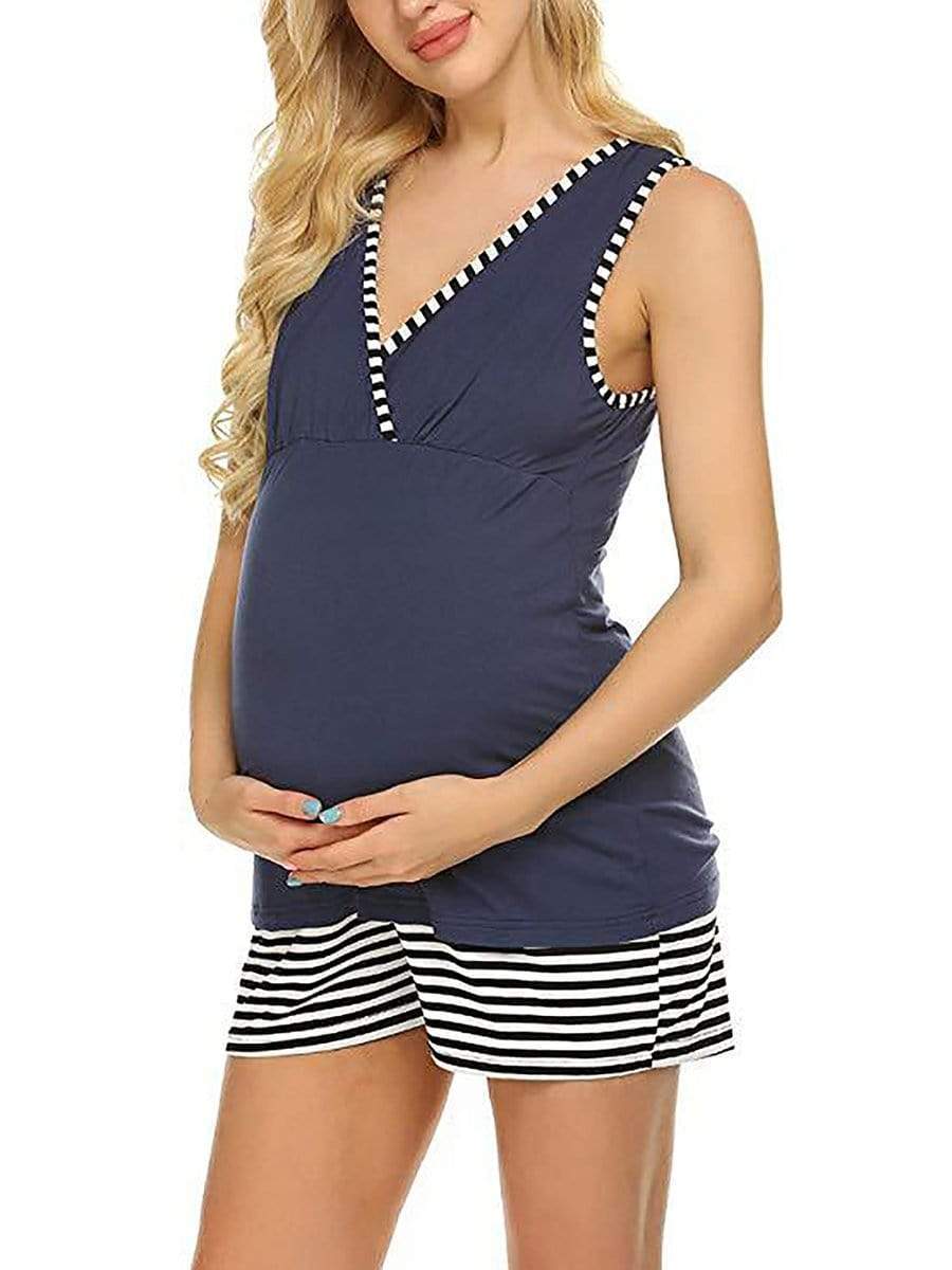 Color=Navy Blue | Women Maternity Pajamas Suit Summer Nursing Clothes Breastfeeding Sleepwear Sets-Navy Blue 3