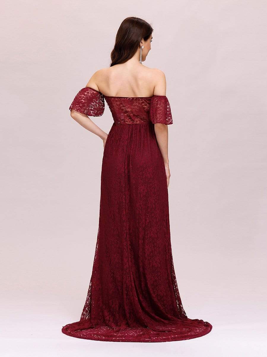 Color=Burgundy | Dainty Off Shoulder High Waist Lace Maxi Evening Maternity Dress-Burgundy 2