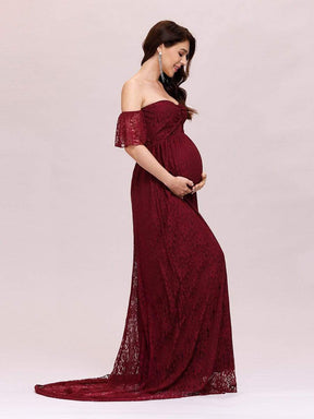 Color=Burgundy | Dainty Off Shoulder High Waist Lace Maxi Evening Maternity Dress-Burgundy 3