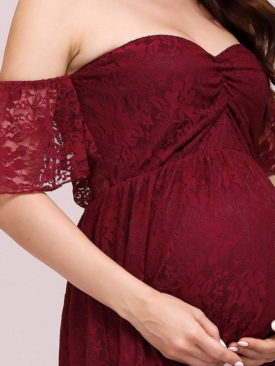 Color=Burgundy | Dainty Off Shoulder High Waist Lace Maxi Evening Maternity Dress-Burgundy 5