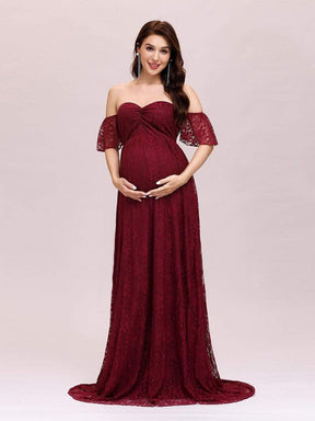 Color=Burgundy | Dainty Off Shoulder High Waist Lace Maxi Evening Maternity Dress-Burgundy 1